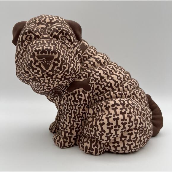 Carved Ceramic Bulldog Puppy Figurine with Brown Dog Biscuit Pattern 7” Signed - Picture 1 of 13